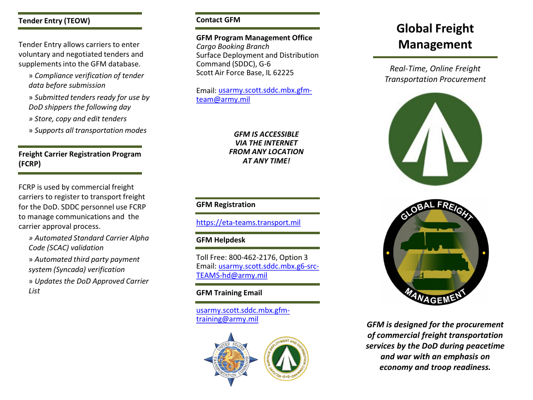 Official Global Freight Management brochure showing Tender Entry, FCRP registration, and GFM contact information