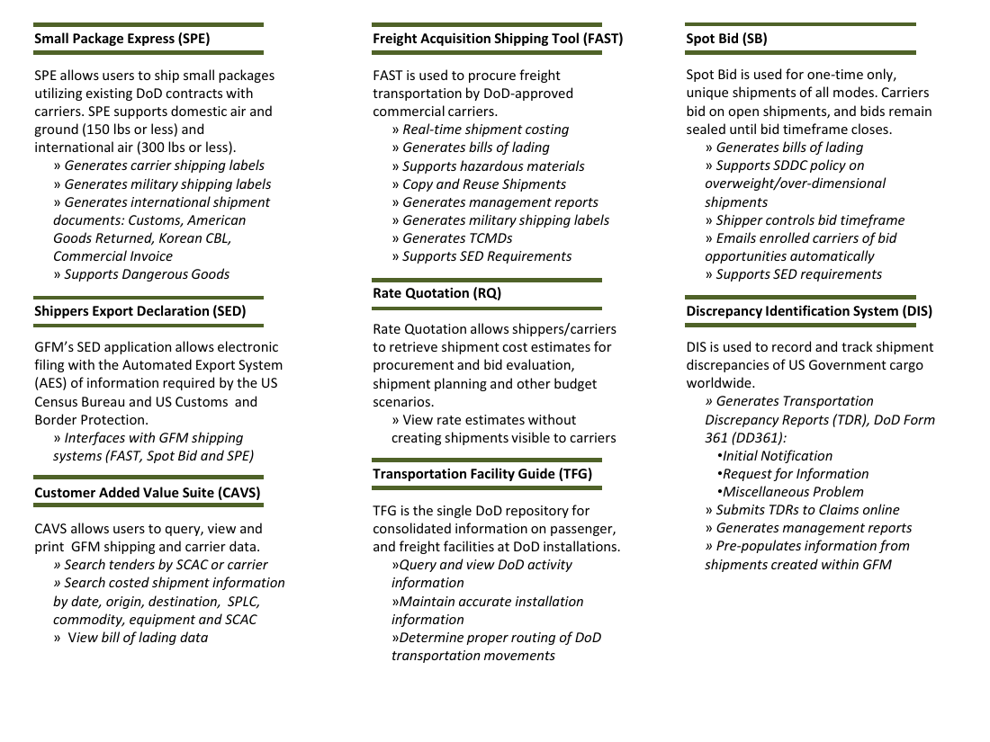 Official Global Freight Management brochure page listing GFM applications