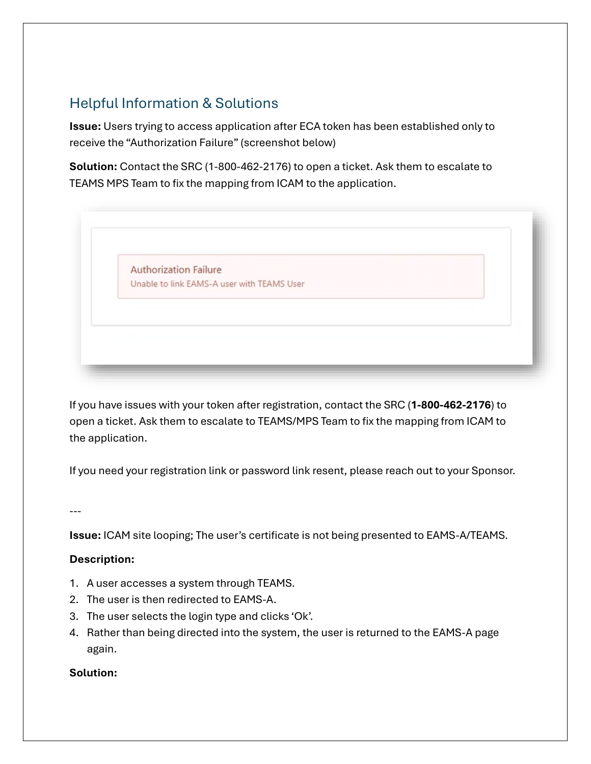 Public Army guide page showing the Authorization Failure: Unable to link EAMS-A user with TEAMS user error